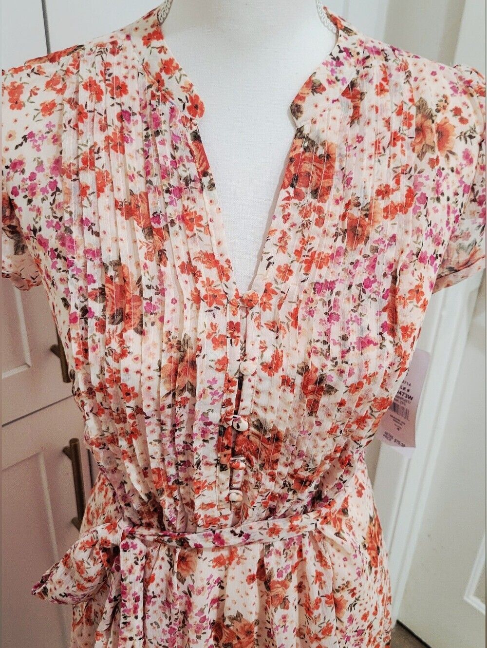 NWT MSK Floral Tie-Waist Cap Sleeve Dress - Pink/Peach | Size 4 - Picture 4 of 10